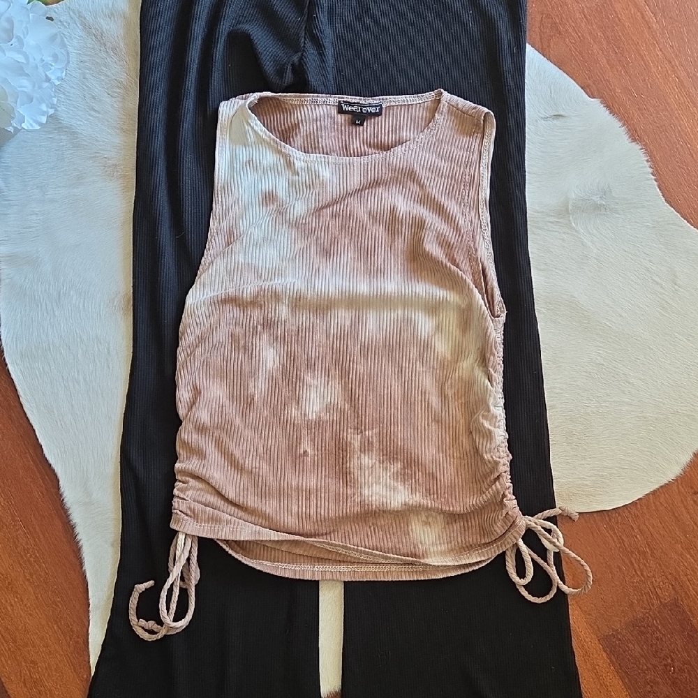 Ribbed Tie-dye Side-Tie Tank Top - Mauve/Cream M